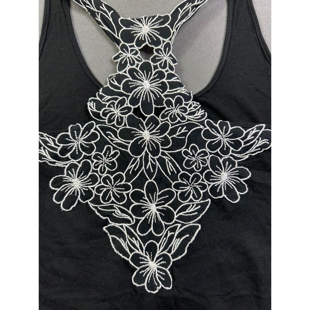 Elle Womens Black Racerback Tank Top White Floral Embroidery Pima Cotton Small